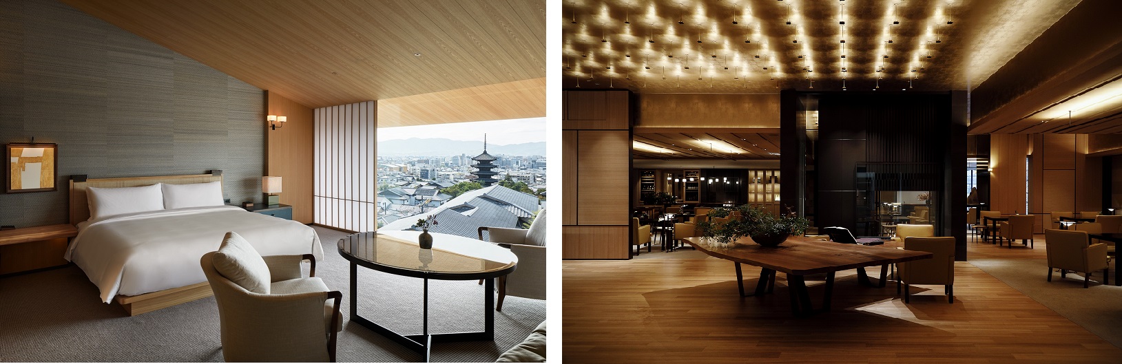 パーク ハイアット 京都およびモダニスアンドカンパニー共催、完全紹介制デザートレストラン「Kominasemako」よりパティシエール駒瀬奈美⼦氏を迎え、期間限定『桃のデザートコース』を提供のサブ画像3_（写真左）八坂の塔を含む京都市街が一望できる客室「ビューデラックスキング」(68㎡) （写真右）ご自宅のリビングルームのように寛いでいただけるコンセプトのラウンジスペース「ザ リビングルーム」