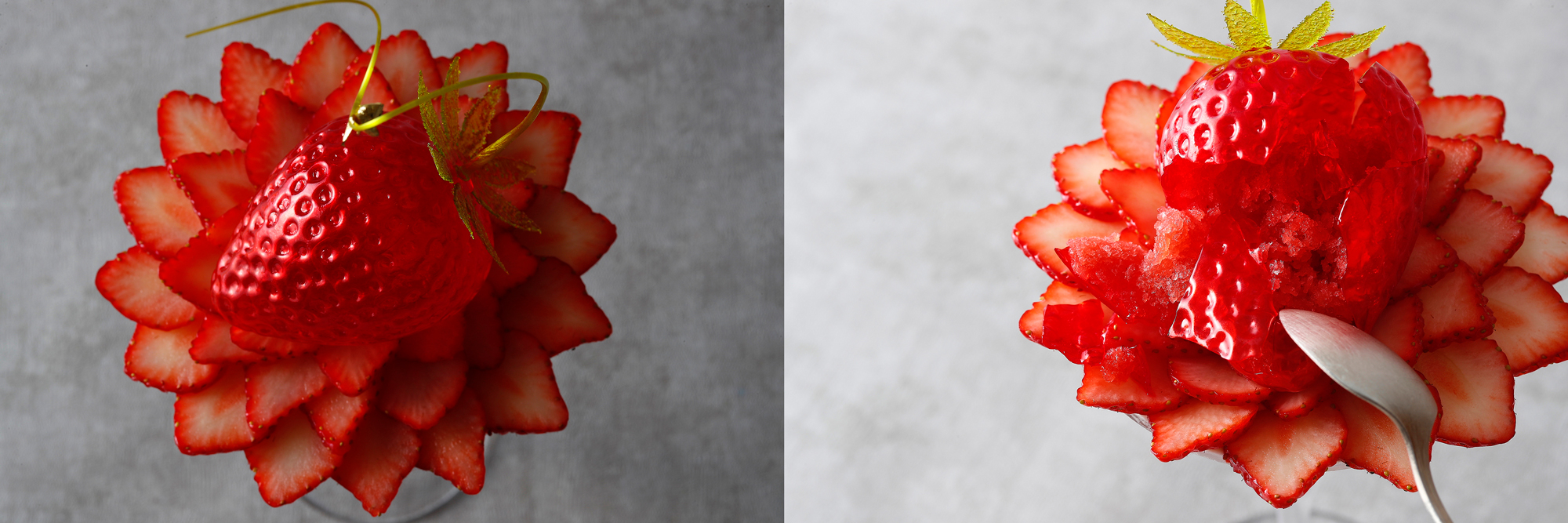 いちご飴のパフェ と 苺のバシュランパフェのサブ画像2_苺の飴細工を割るとさらに苺のグラニテが登場