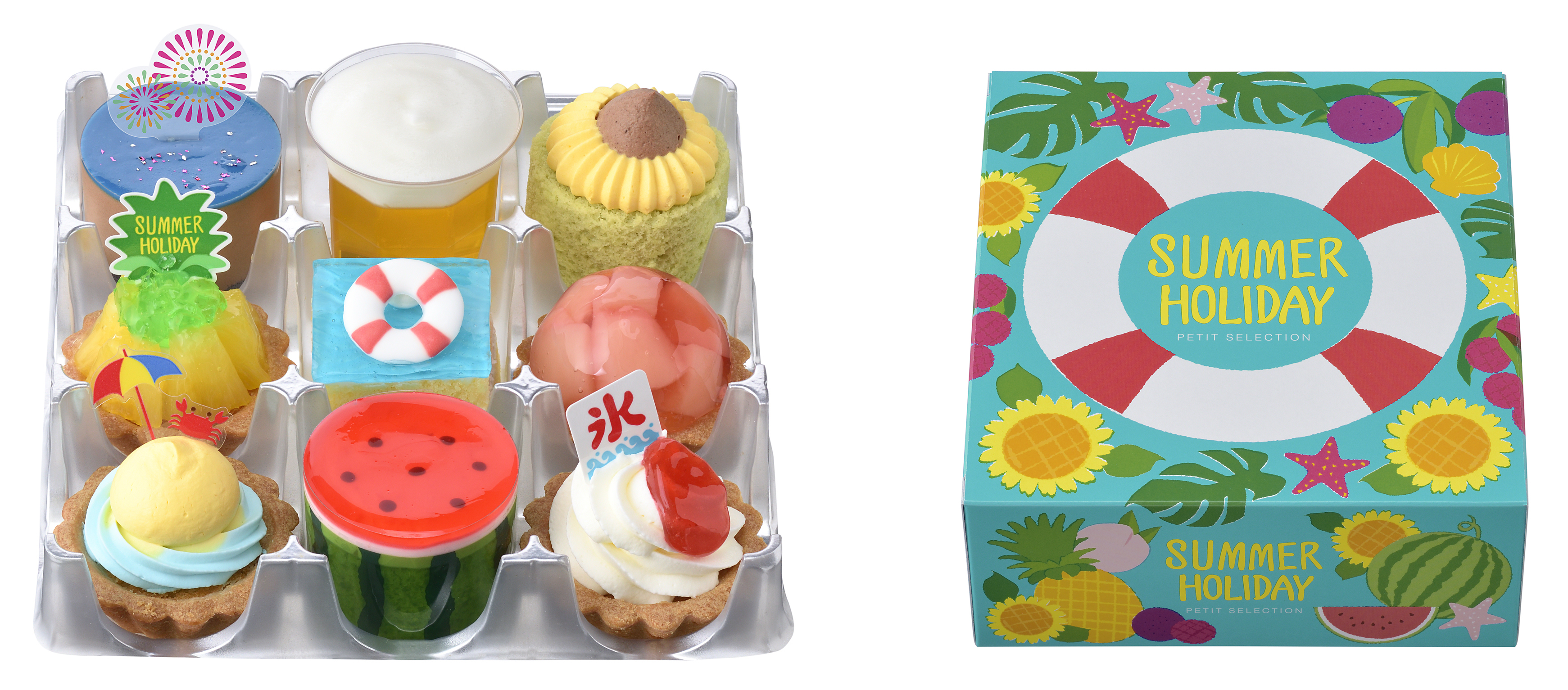 【銀座コージーコーナー】楽しい夏が始まるよ！海にプールに花火にかき氷も！　“家族の夏休み”がテーマのプチケーキを７月21日（金）から販売のサブ画像2_右：夏をモチーフにデザインした専用BOX